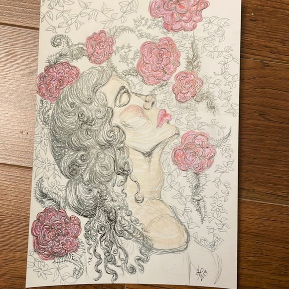 Unframed Original Fantasy Art Portrait of Grey Haired Beauty w Blooms Drawing - Picture 1 of 3